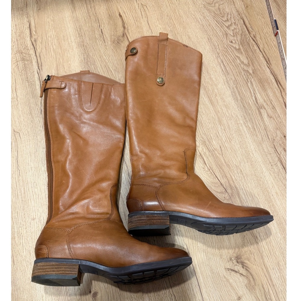 Sam Edelman Penny Leather Riding Boots Cognac Brown  7.5M Equestrian Back Zip